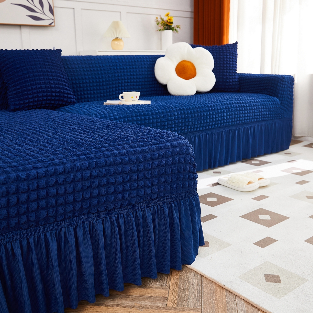 91家纺网 家纺一手货源 找家纺 布兰鸟【沙发套】 2025新款泡泡沙发套组合L型【英文裙摆款】 单色希腊蓝