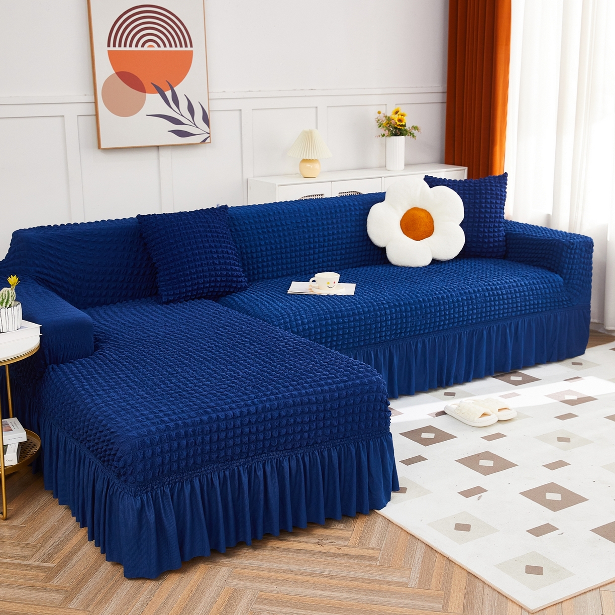 91家纺网 家纺一手货源 找家纺 布兰鸟【沙发套】 2025新款泡泡沙发套组合L型【英文裙摆款】 单色希腊蓝