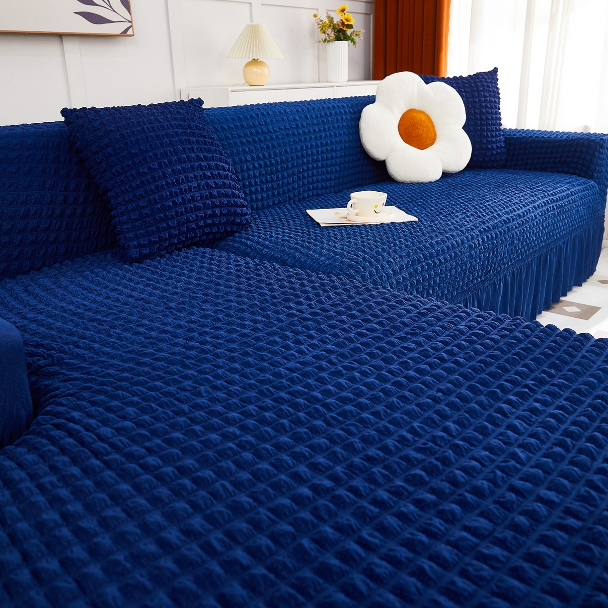 91家纺网 家纺一手货源 找家纺 布兰鸟【沙发套】 2025新款泡泡沙发套组合L型【英文裙摆款】 单色希腊蓝