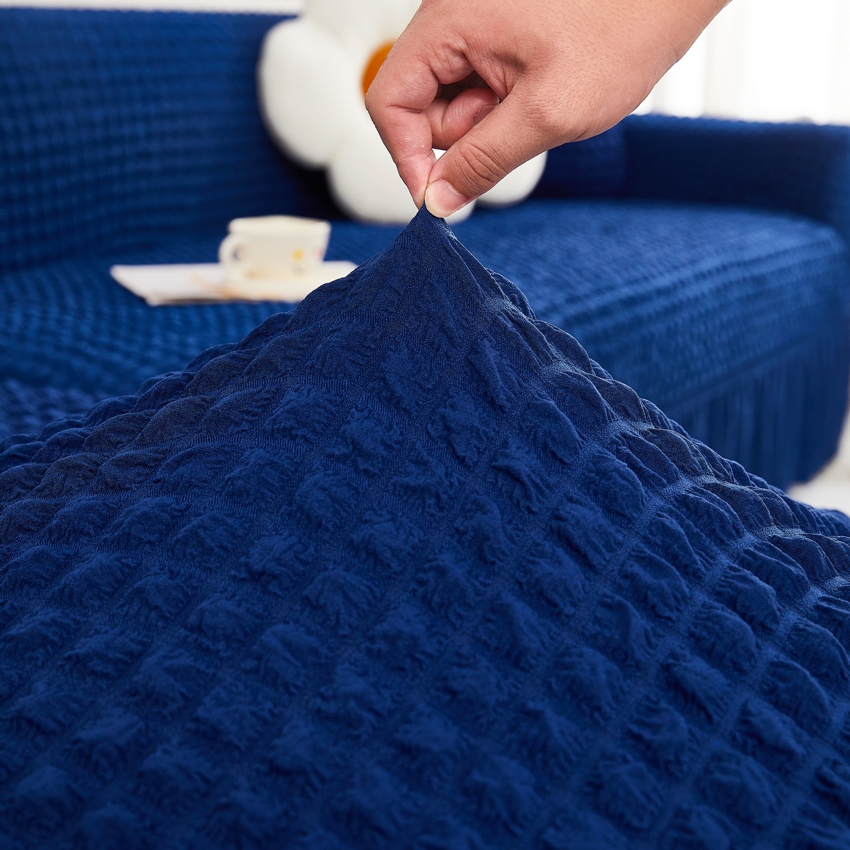 91家纺网 家纺一手货源 找家纺 布兰鸟【沙发套】 2025新款泡泡沙发套组合L型【英文裙摆款】 单色希腊蓝