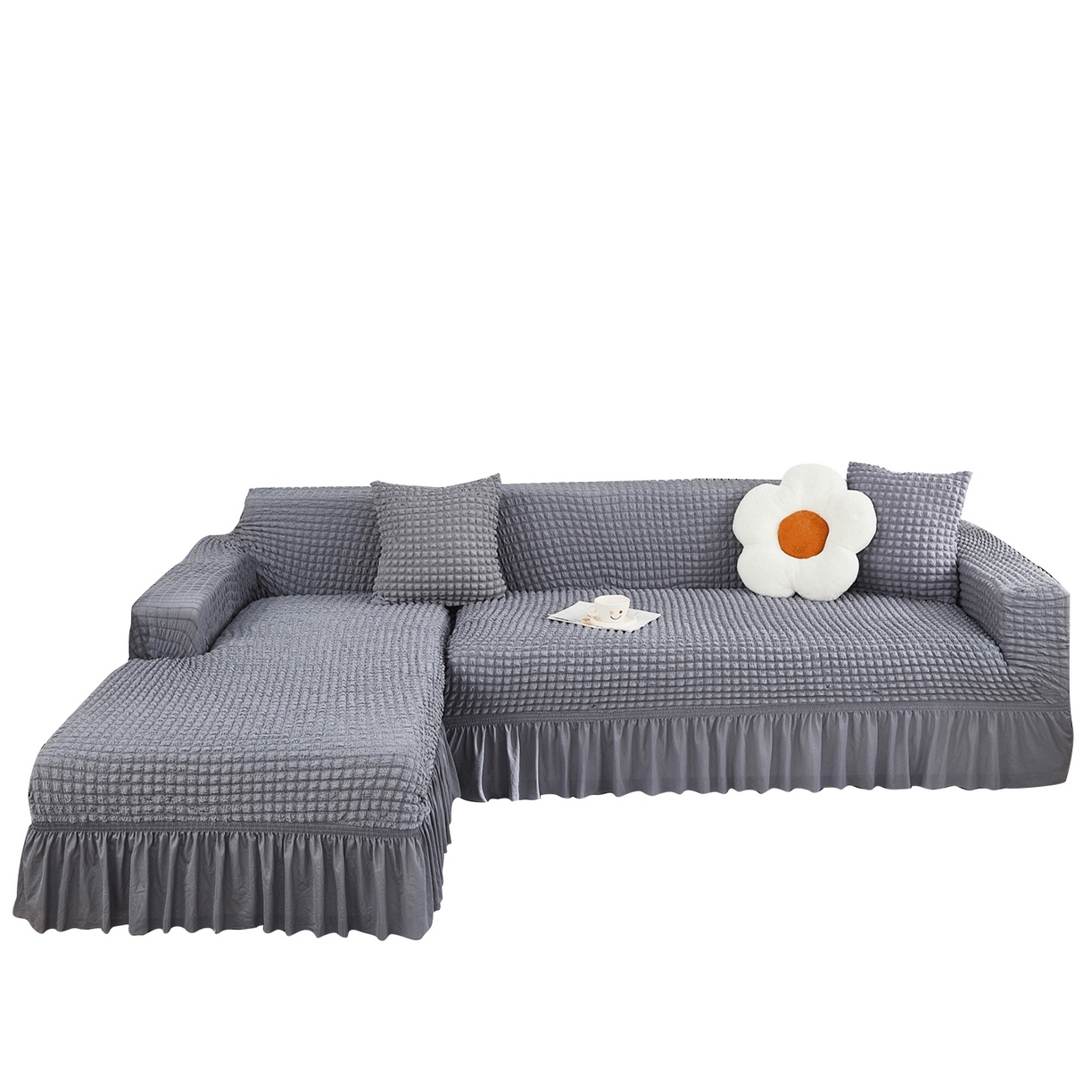 布兰鸟【沙发套】 2025新款泡泡沙发套组合L型【英文裙摆款】 单色中灰