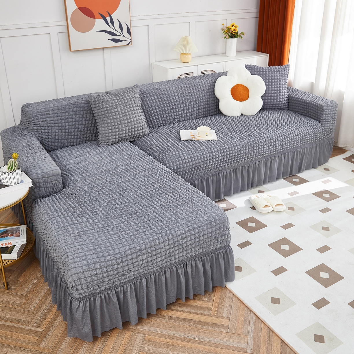 91家纺网 家纺一手货源 找家纺 布兰鸟【沙发套】 2025新款泡泡沙发套组合L型【英文裙摆款】 单色中灰