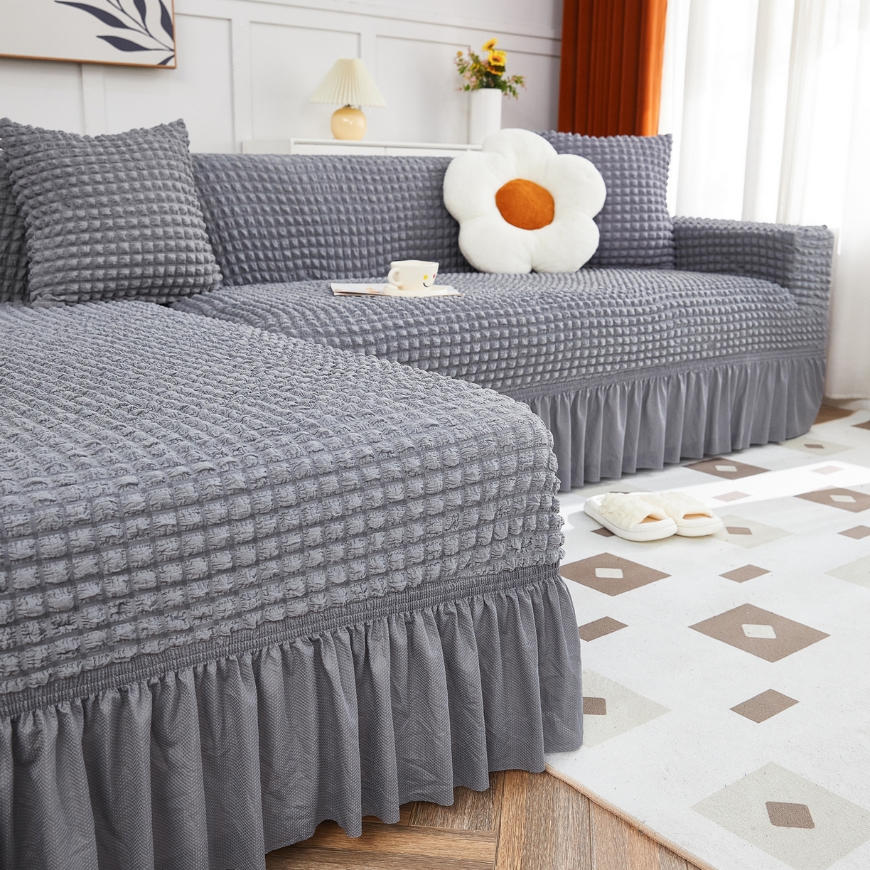 91家纺网 家纺一手货源 找家纺 布兰鸟【沙发套】 2025新款泡泡沙发套组合L型【英文裙摆款】 单色中灰