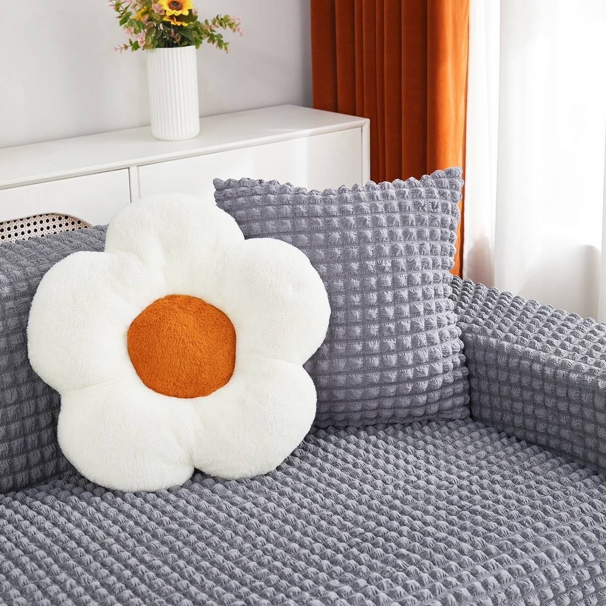 91家纺网 家纺一手货源 找家纺 布兰鸟【沙发套】 2025新款泡泡沙发套组合L型【英文裙摆款】 单色中灰