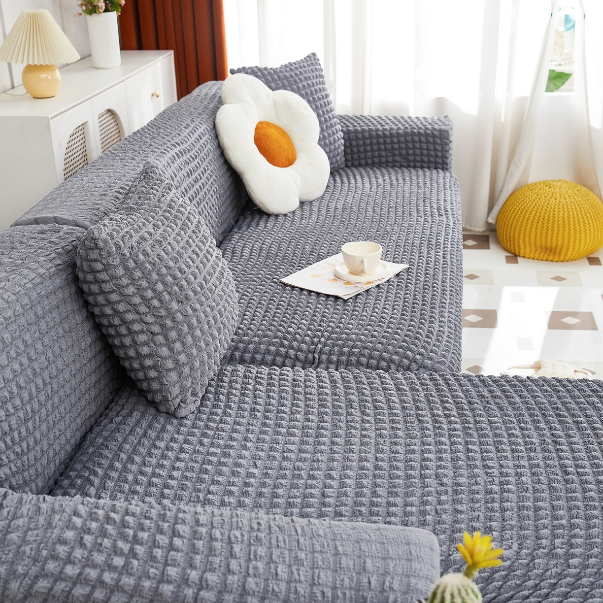 91家纺网 家纺一手货源 找家纺 布兰鸟【沙发套】 2025新款泡泡沙发套组合L型【英文裙摆款】 单色中灰