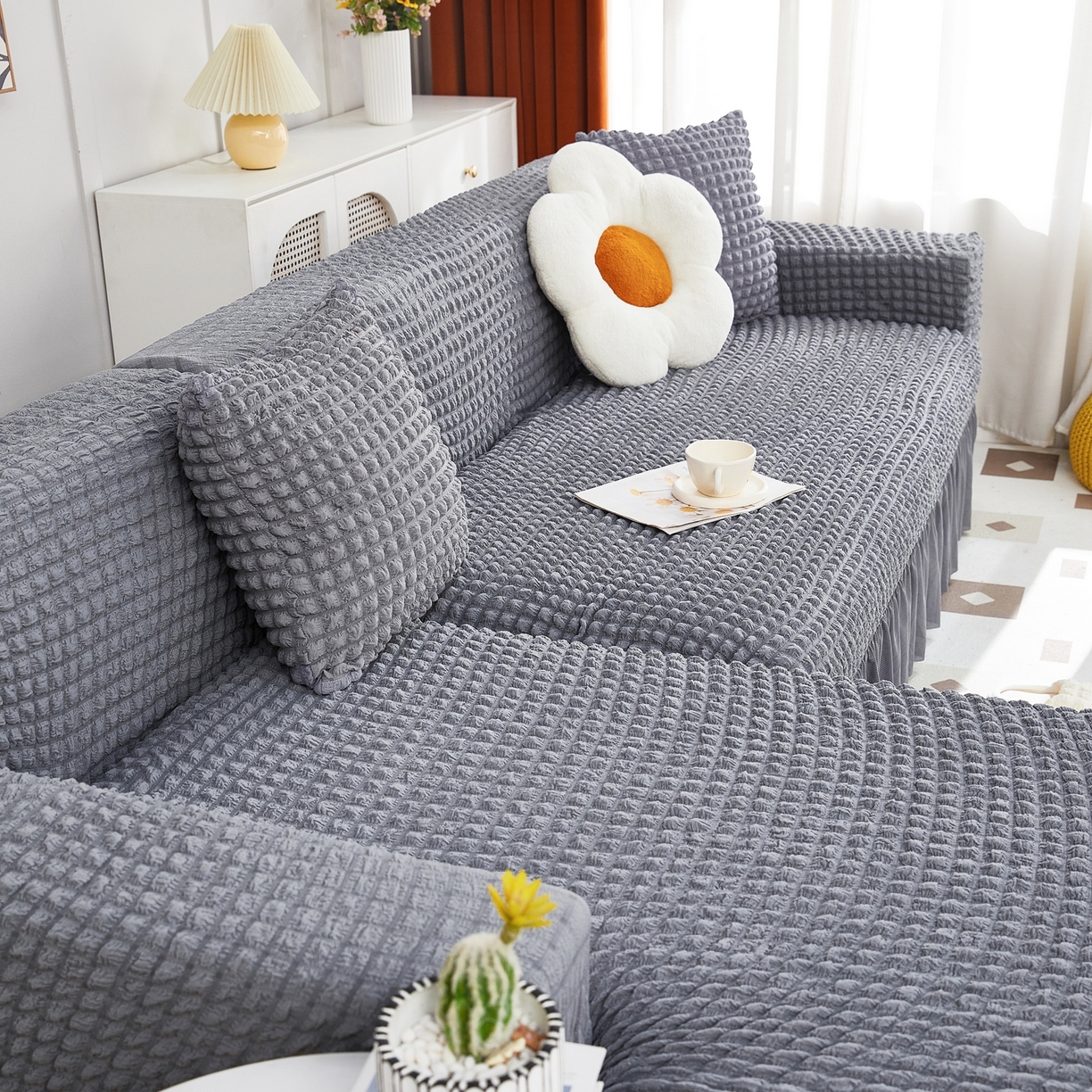 91家纺网 家纺一手货源 找家纺 布兰鸟【沙发套】 2025新款泡泡沙发套组合L型【英文裙摆款】 单色中灰