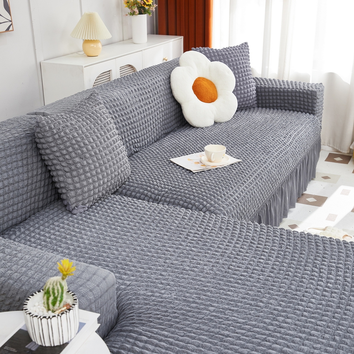 91家纺网 家纺一手货源 找家纺 布兰鸟【沙发套】 2025新款泡泡沙发套组合L型【英文裙摆款】 单色中灰