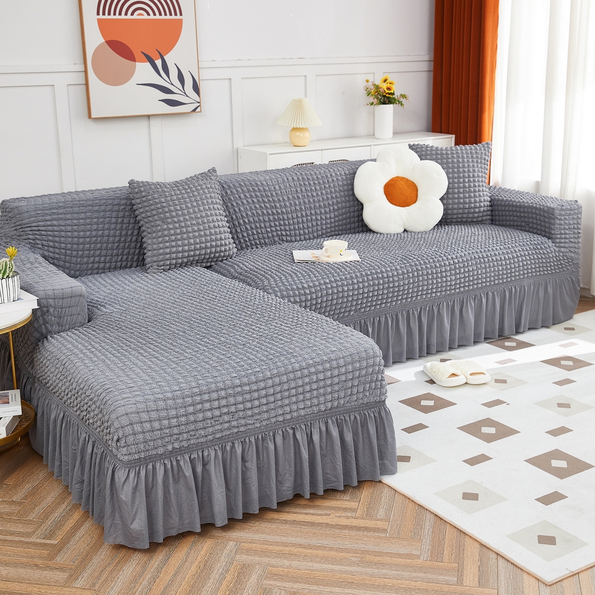 91家纺网 家纺一手货源 找家纺 布兰鸟【沙发套】 2025新款泡泡沙发套组合L型【英文裙摆款】 单色中灰