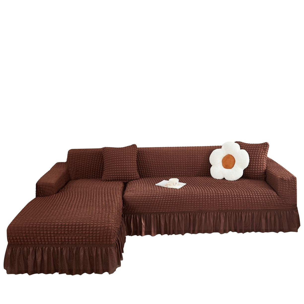 布兰鸟【沙发套】 2025新款泡泡沙发套组合L型【英文裙摆款】 单色中咖