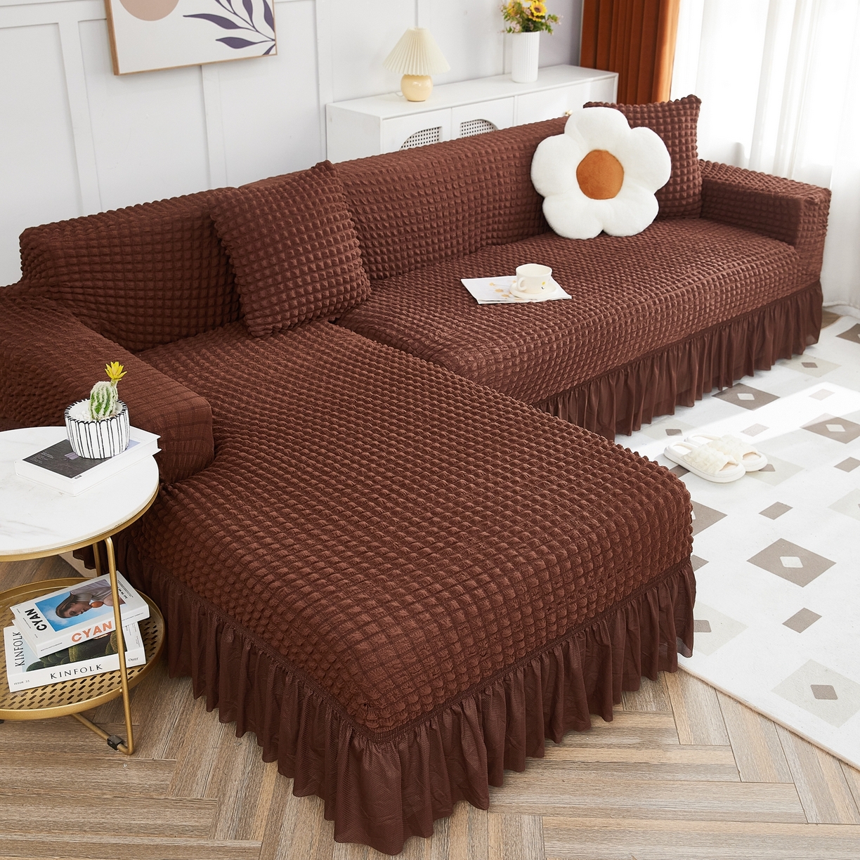 91家纺网 家纺一手货源 找家纺 布兰鸟【沙发套】 2025新款泡泡沙发套组合L型【英文裙摆款】 单色中咖