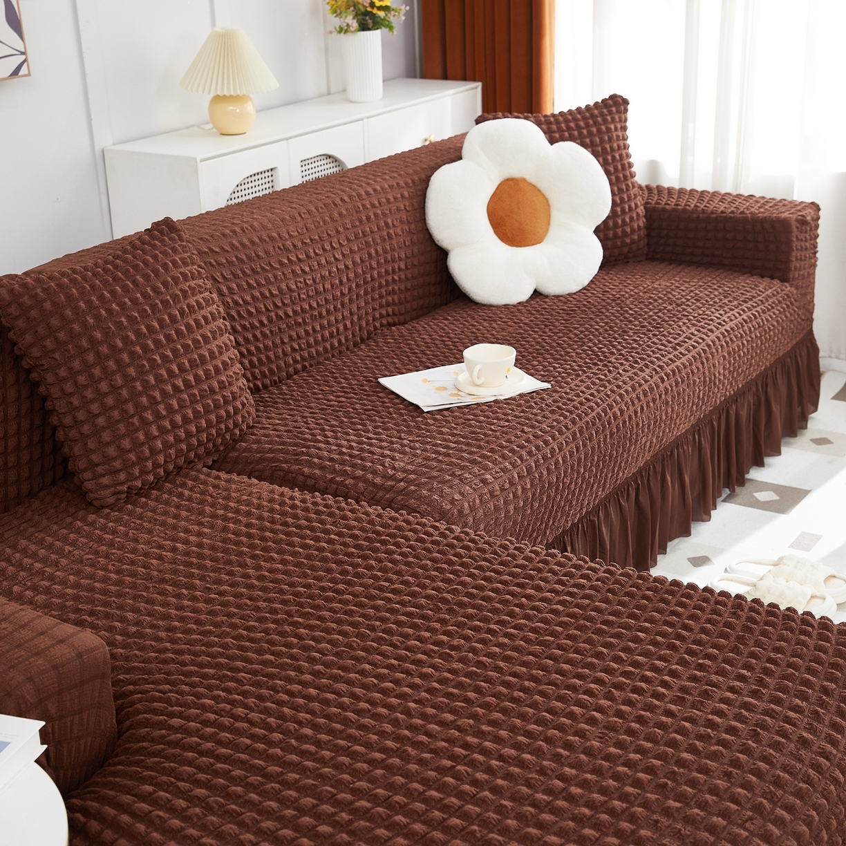 91家纺网 家纺一手货源 找家纺 布兰鸟【沙发套】 2025新款泡泡沙发套组合L型【英文裙摆款】 单色中咖