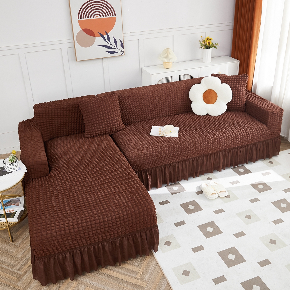 91家纺网 家纺一手货源 找家纺 布兰鸟【沙发套】 2025新款泡泡沙发套组合L型【英文裙摆款】 单色中咖