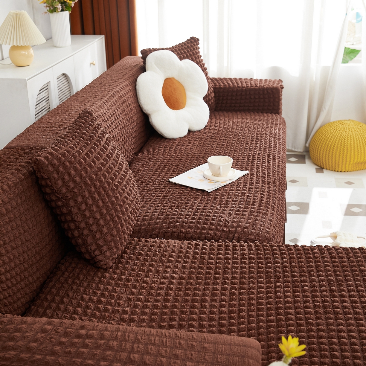 91家纺网 家纺一手货源 找家纺 布兰鸟【沙发套】 2025新款泡泡沙发套组合L型【英文裙摆款】 单色中咖