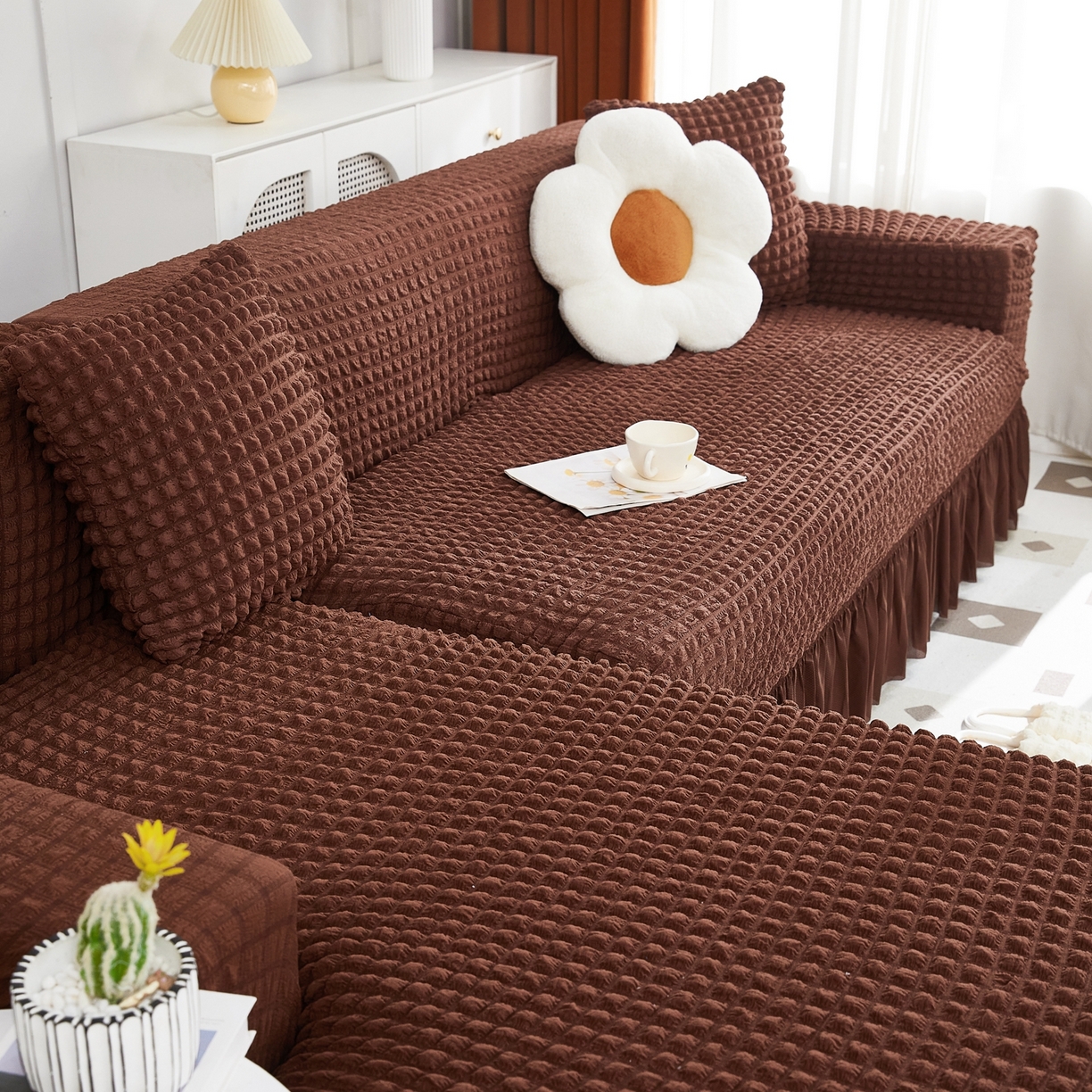 91家纺网 家纺一手货源 找家纺 布兰鸟【沙发套】 2025新款泡泡沙发套组合L型【英文裙摆款】 单色中咖