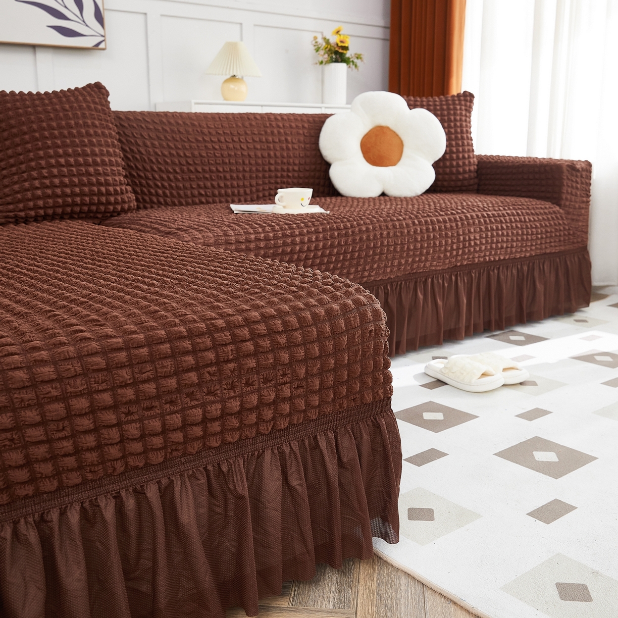 91家纺网 家纺一手货源 找家纺 布兰鸟【沙发套】 2025新款泡泡沙发套组合L型【英文裙摆款】 单色中咖