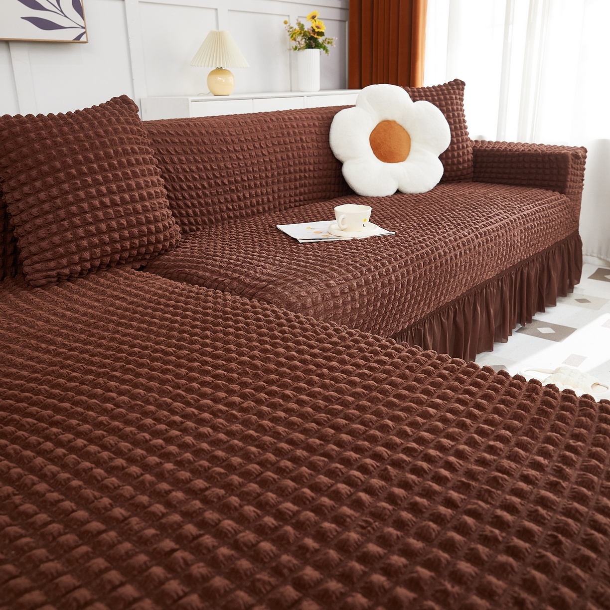 91家纺网 家纺一手货源 找家纺 布兰鸟【沙发套】 2025新款泡泡沙发套组合L型【英文裙摆款】 单色中咖