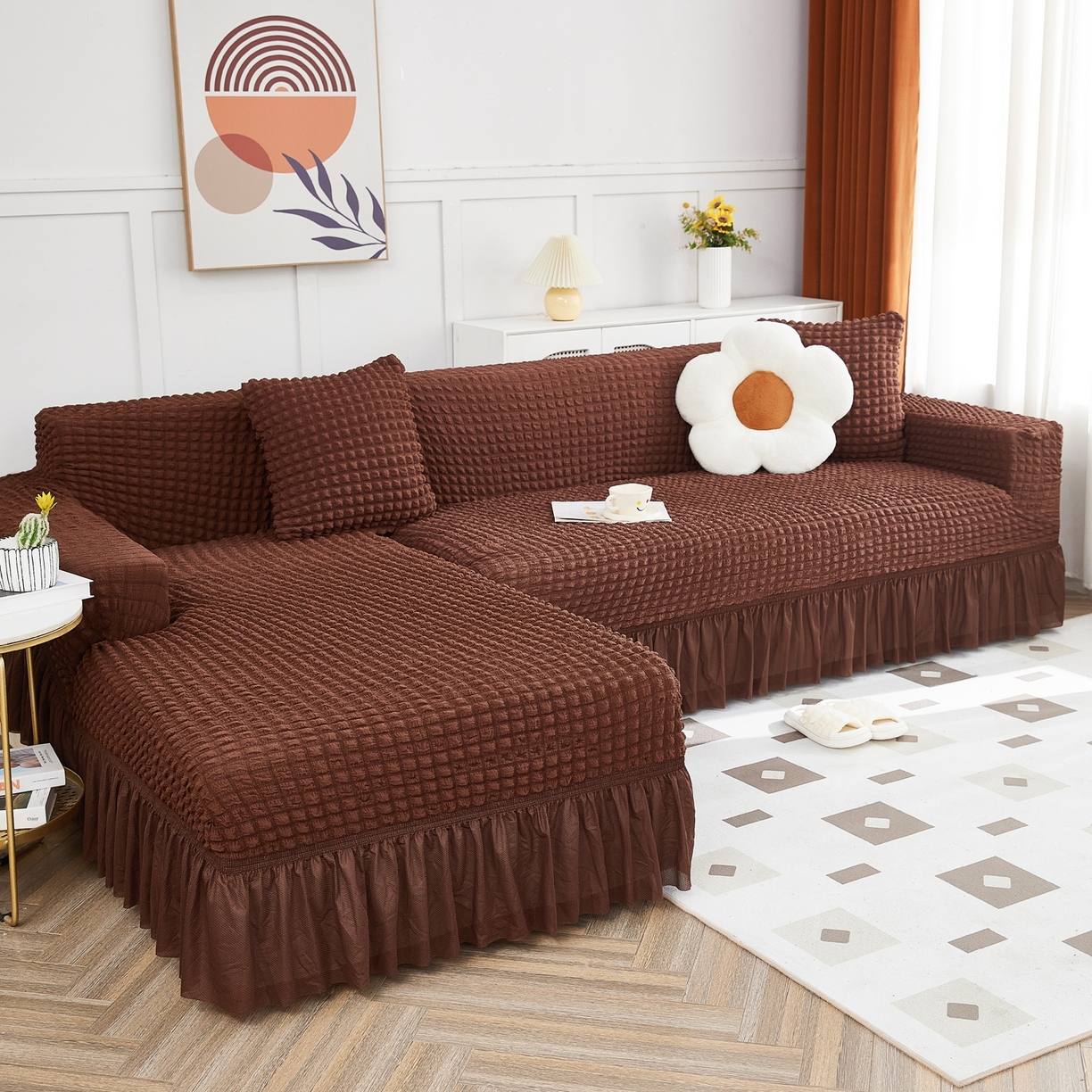 91家纺网 家纺一手货源 找家纺 布兰鸟【沙发套】 2025新款泡泡沙发套组合L型【英文裙摆款】 单色中咖