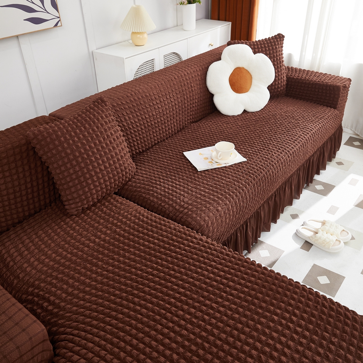 91家纺网 家纺一手货源 找家纺 布兰鸟【沙发套】 2025新款泡泡沙发套组合L型【英文裙摆款】 单色中咖