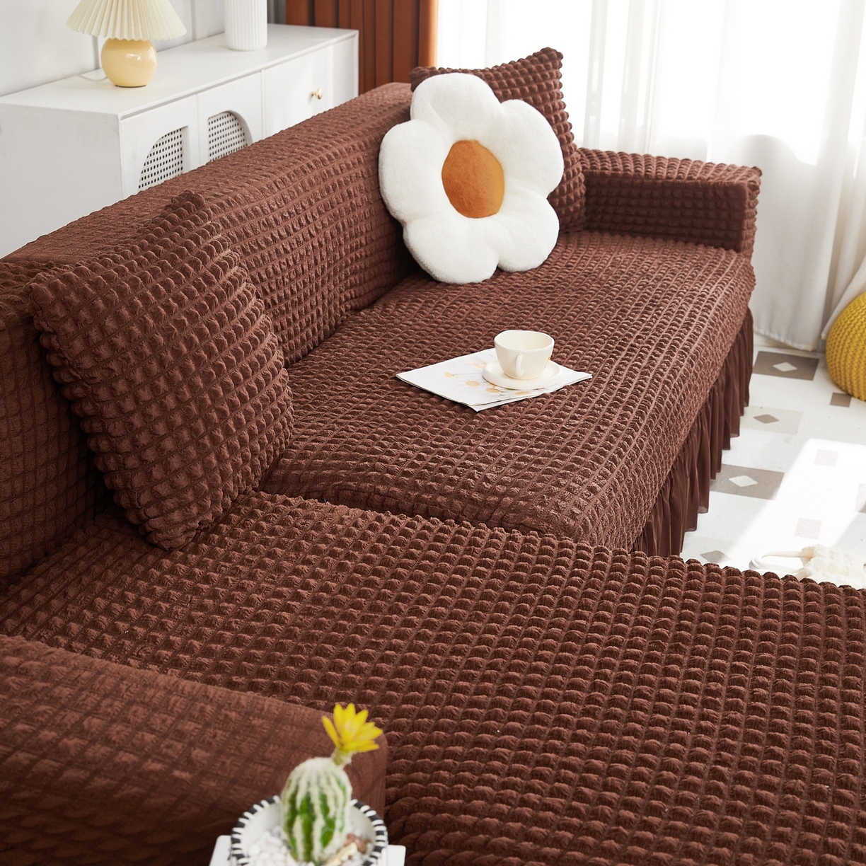 91家纺网 家纺一手货源 找家纺 布兰鸟【沙发套】 2025新款泡泡沙发套组合L型【英文裙摆款】 单色中咖