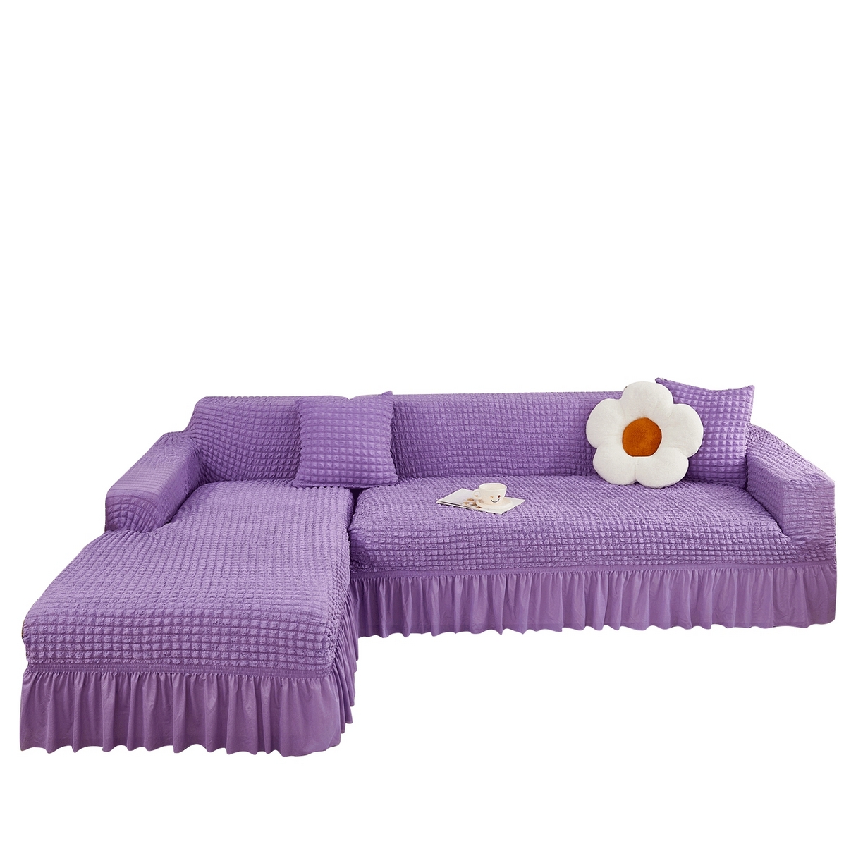 布兰鸟【沙发套】 2025新款泡泡沙发套组合L型【英文裙摆款】 单色紫