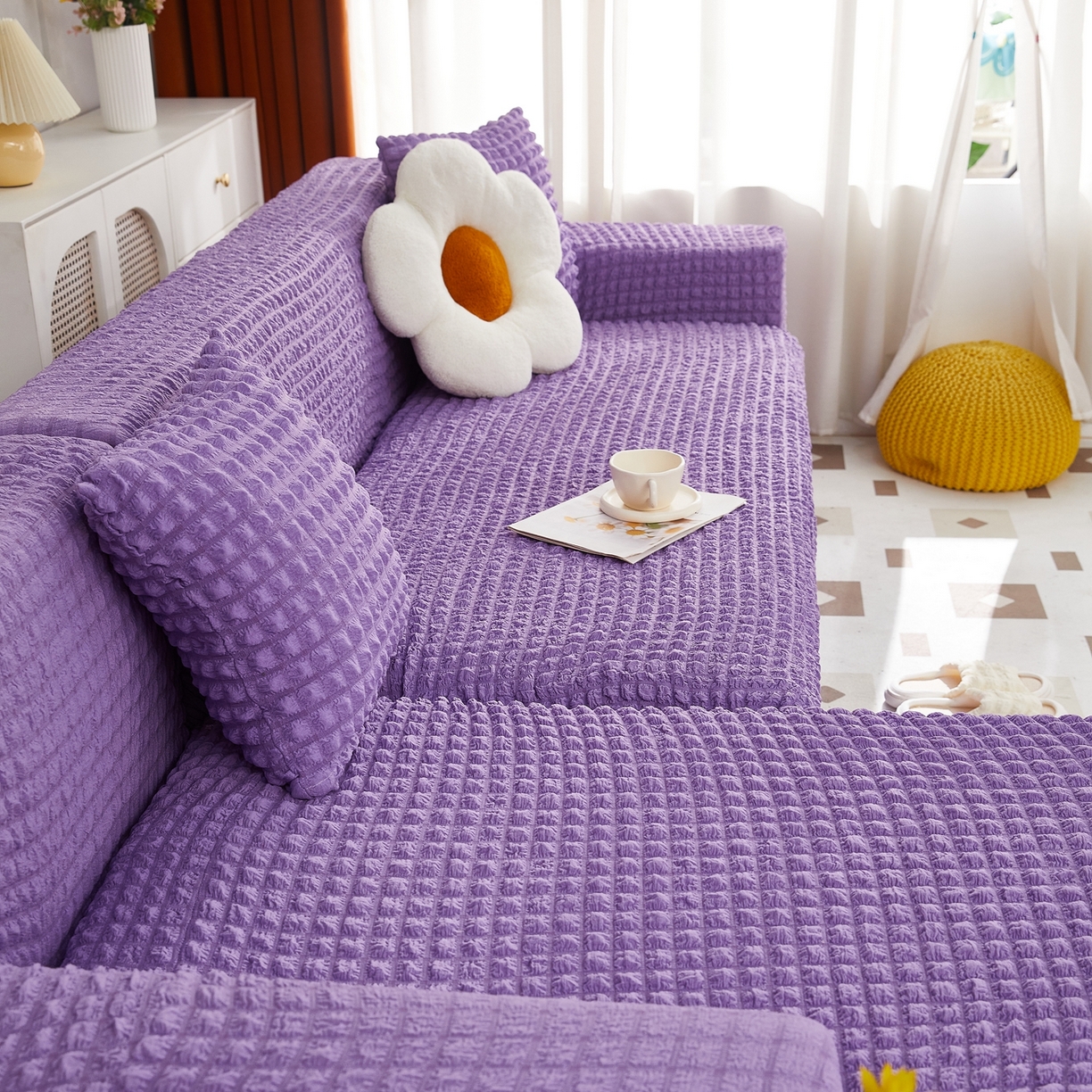 91家纺网 家纺一手货源 找家纺 布兰鸟【沙发套】 2025新款泡泡沙发套组合L型【英文裙摆款】 单色紫