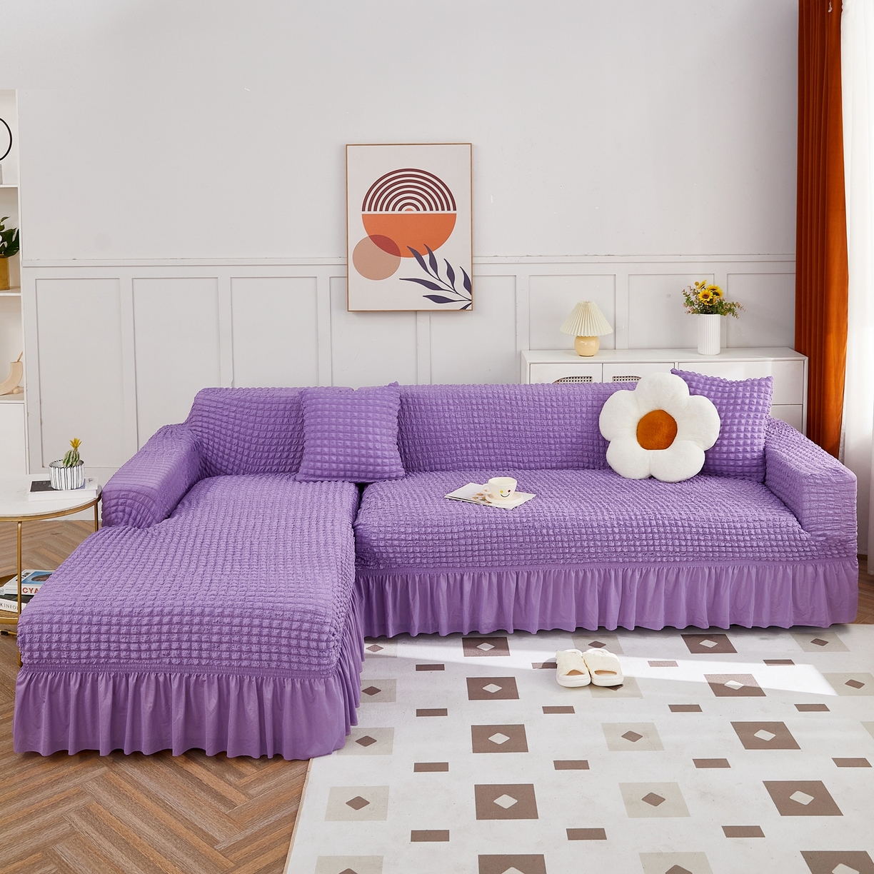 91家纺网 家纺一手货源 找家纺 布兰鸟【沙发套】 2025新款泡泡沙发套组合L型【英文裙摆款】 单色紫