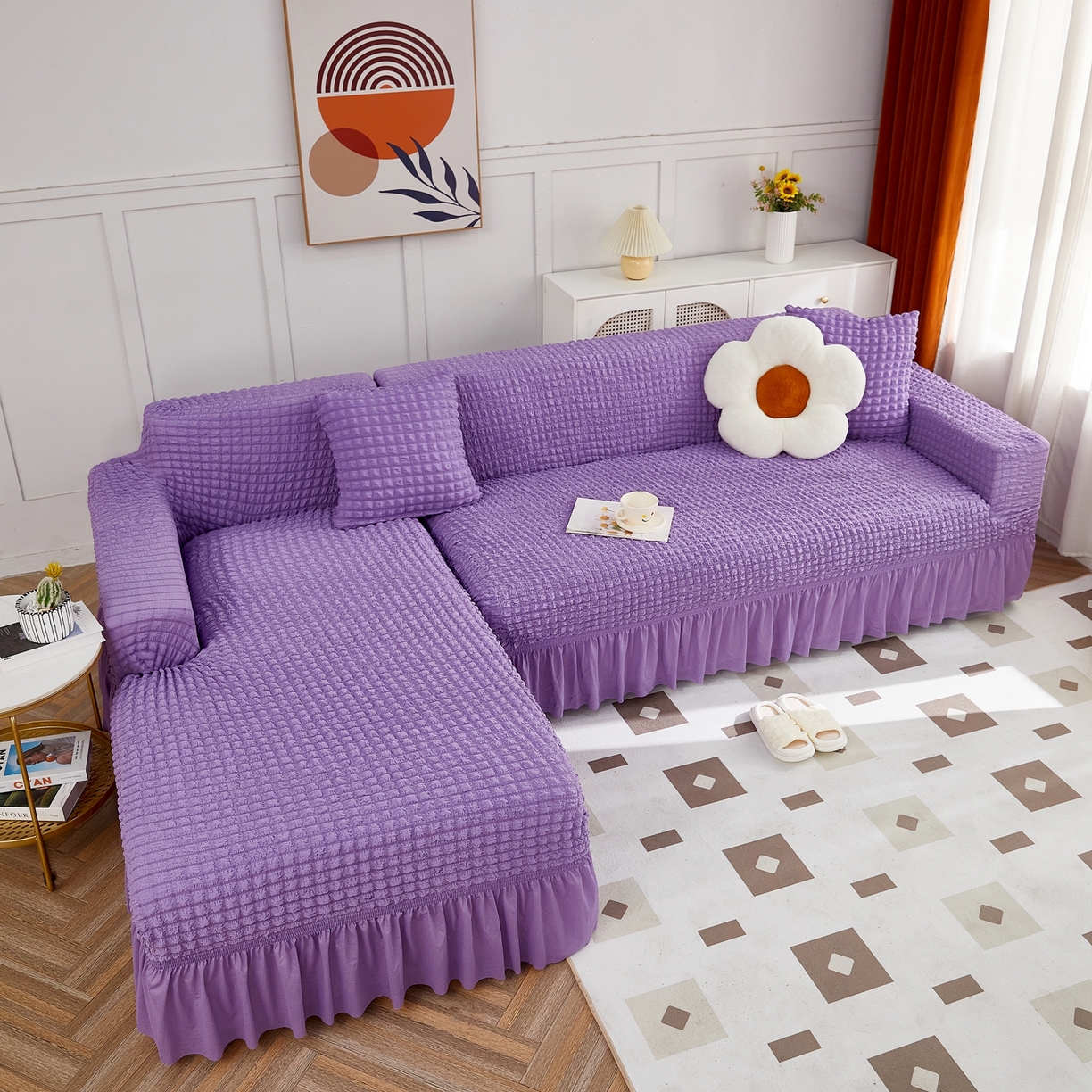 91家纺网 家纺一手货源 找家纺 布兰鸟【沙发套】 2025新款泡泡沙发套组合L型【英文裙摆款】 单色紫