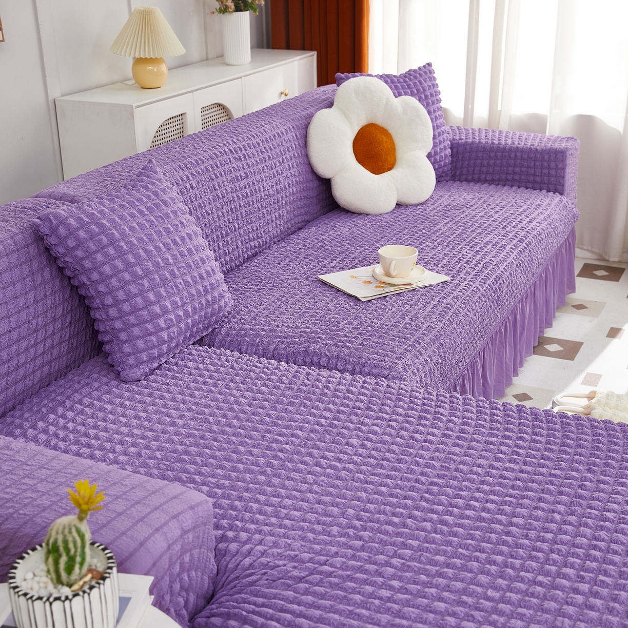 91家纺网 家纺一手货源 找家纺 布兰鸟【沙发套】 2025新款泡泡沙发套组合L型【英文裙摆款】 单色紫