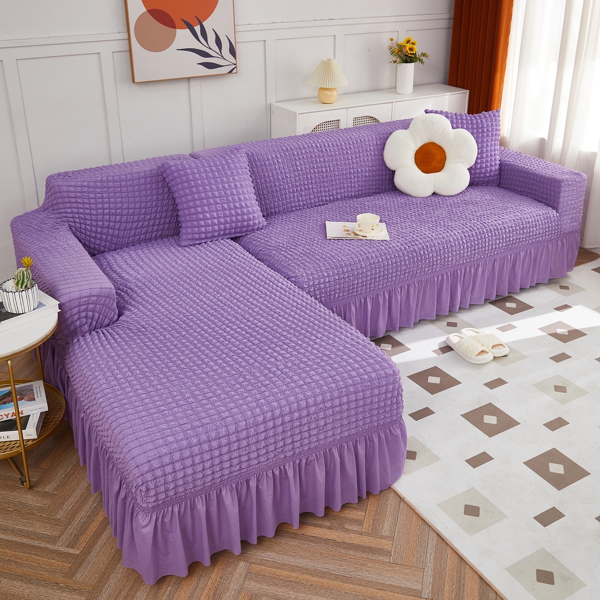 91家纺网 家纺一手货源 找家纺 布兰鸟【沙发套】 2025新款泡泡沙发套组合L型【英文裙摆款】 单色紫