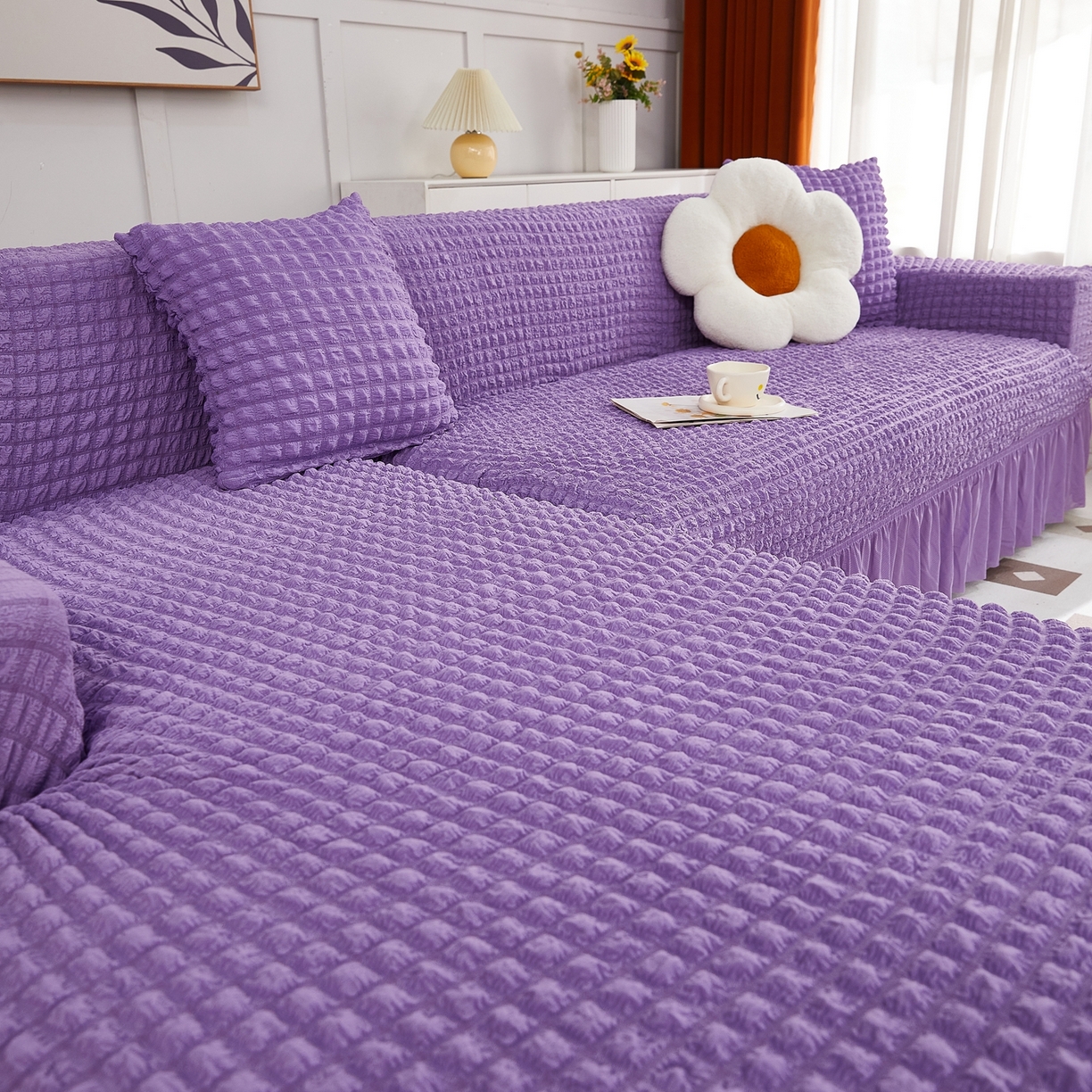91家纺网 家纺一手货源 找家纺 布兰鸟【沙发套】 2025新款泡泡沙发套组合L型【英文裙摆款】 单色紫