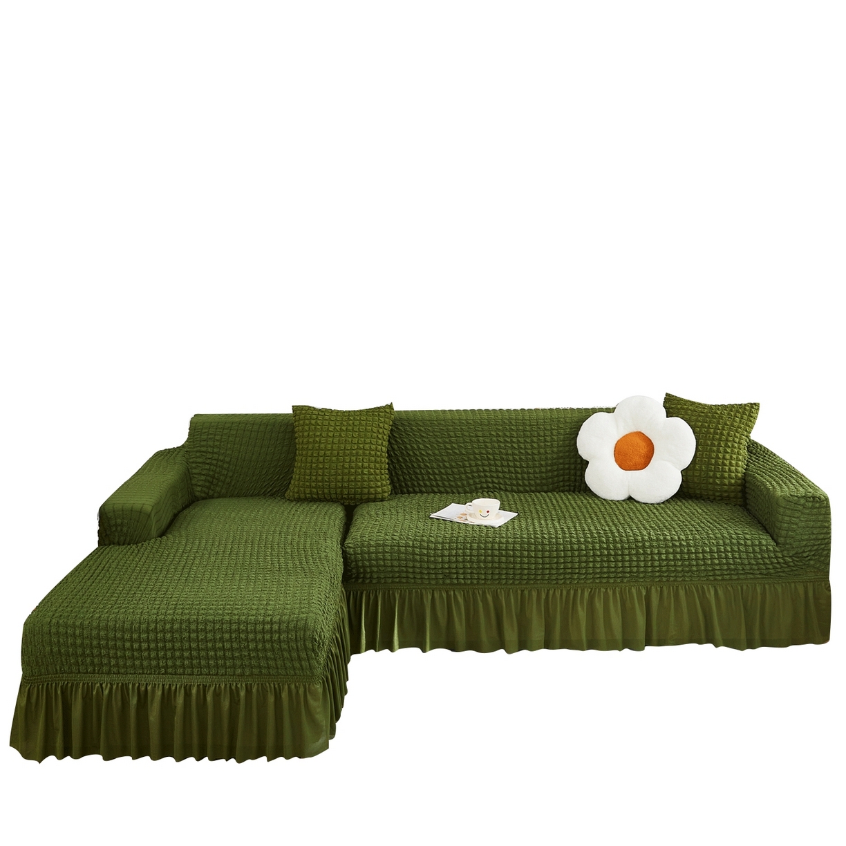 布兰鸟【沙发套】 2025新款泡泡沙发套组合L型【英文裙摆款】 豆沙绿