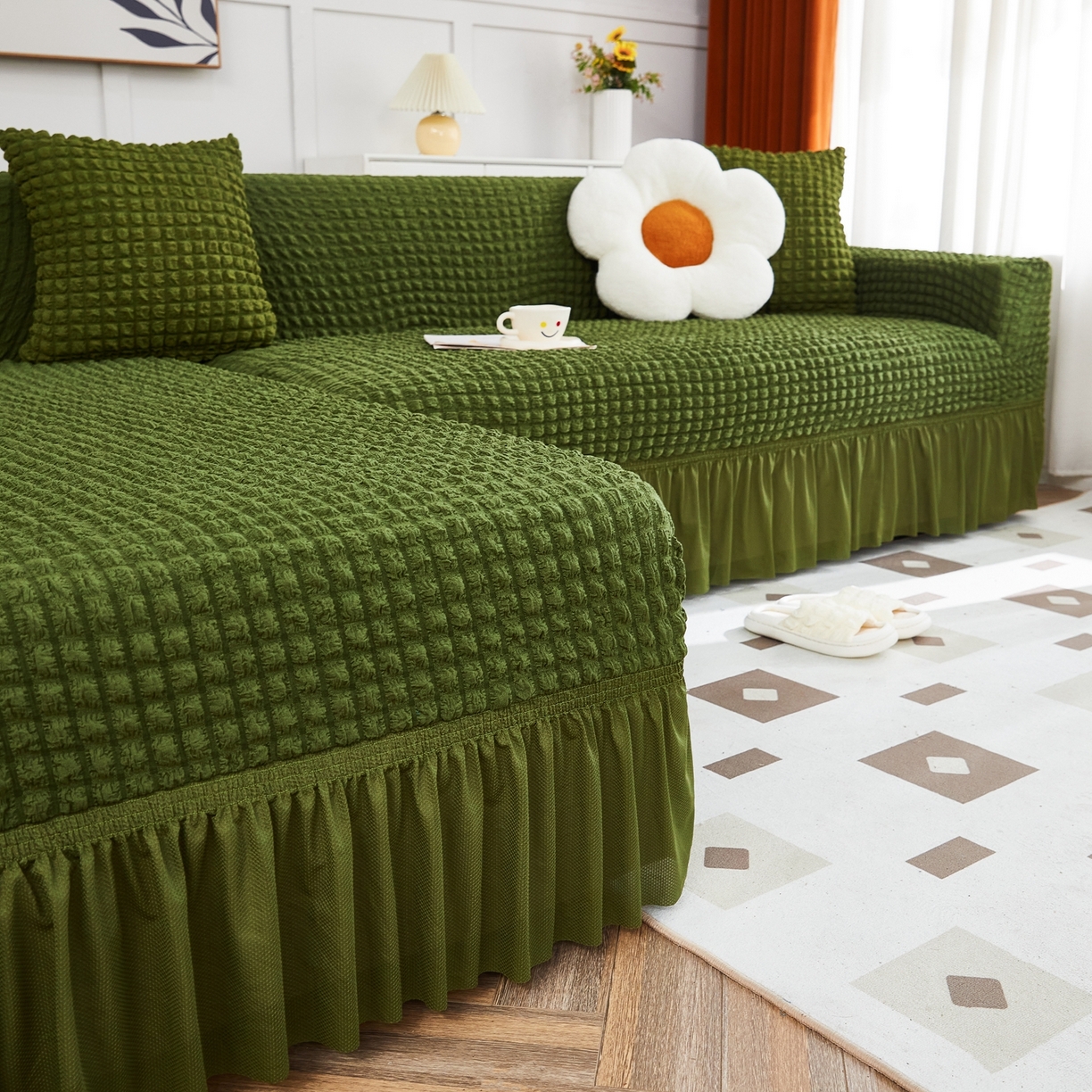 91家纺网 家纺一手货源 找家纺 布兰鸟【沙发套】 2025新款泡泡沙发套组合L型【英文裙摆款】 豆沙绿