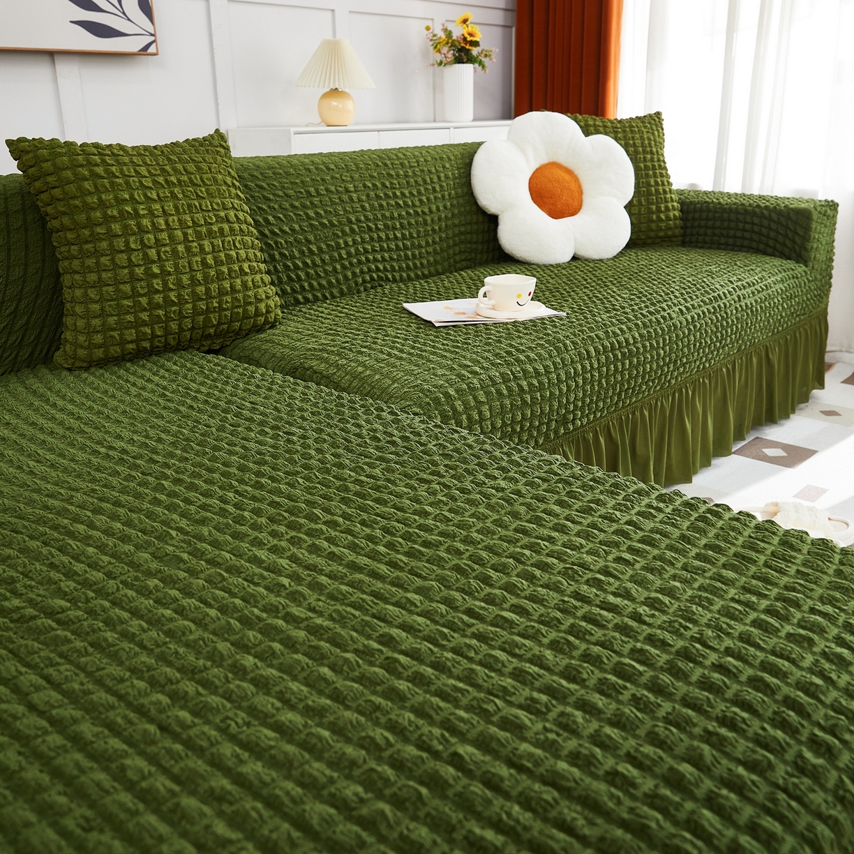 91家纺网 家纺一手货源 找家纺 布兰鸟【沙发套】 2025新款泡泡沙发套组合L型【英文裙摆款】 豆沙绿