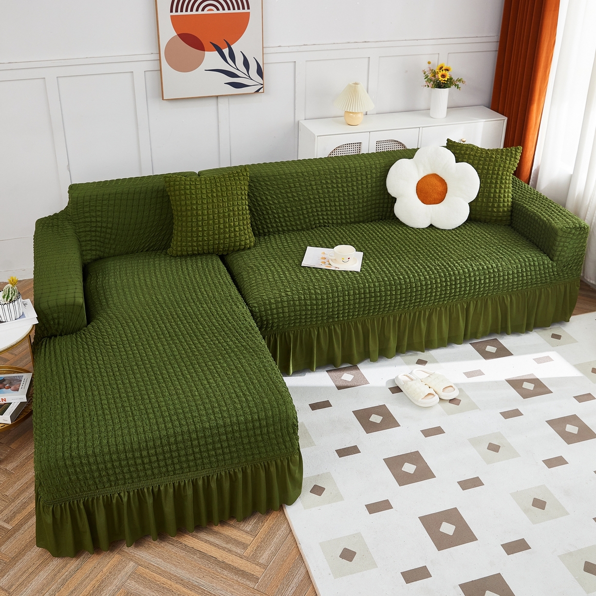 91家纺网 家纺一手货源 找家纺 布兰鸟【沙发套】 2025新款泡泡沙发套组合L型【英文裙摆款】 豆沙绿