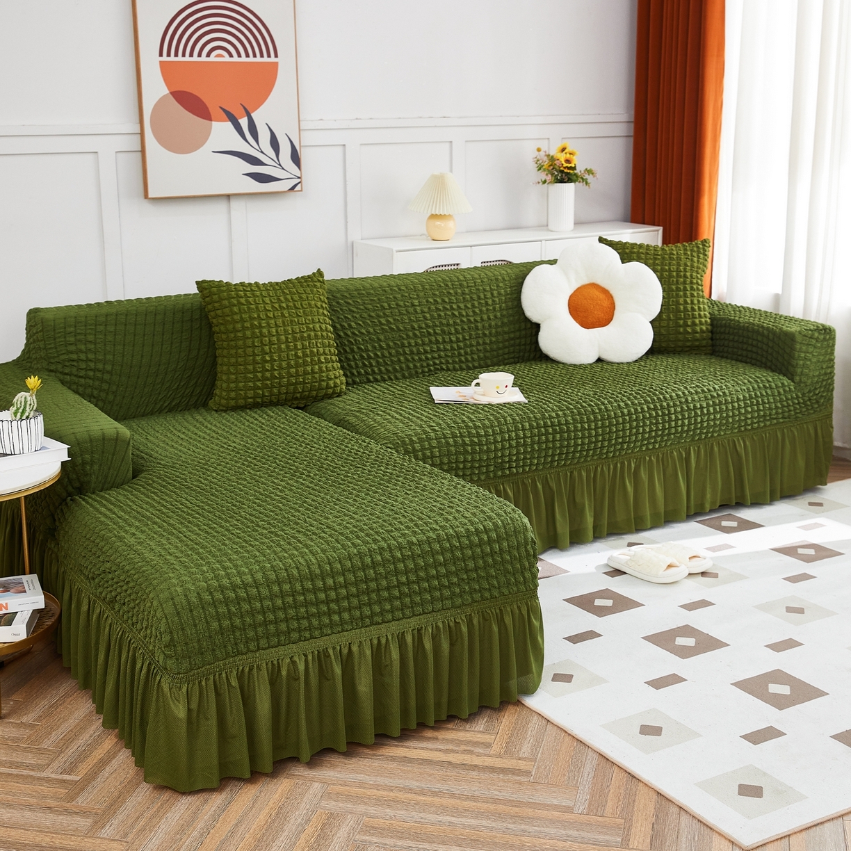 91家纺网 家纺一手货源 找家纺 布兰鸟【沙发套】 2025新款泡泡沙发套组合L型【英文裙摆款】 豆沙绿