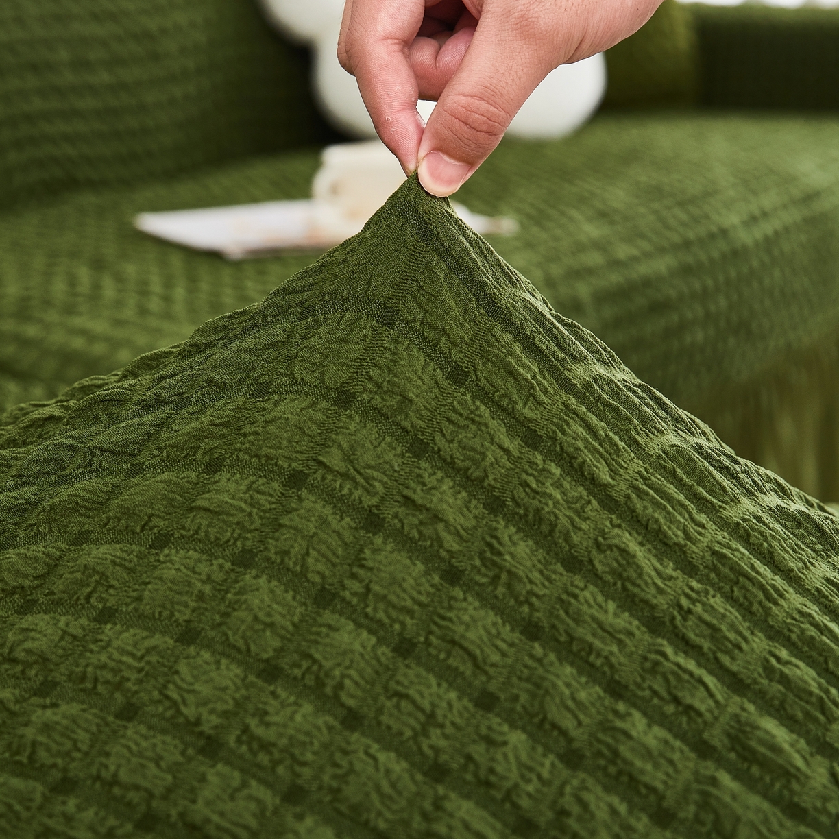 91家纺网 家纺一手货源 找家纺 布兰鸟【沙发套】 2025新款泡泡沙发套组合L型【英文裙摆款】 豆沙绿