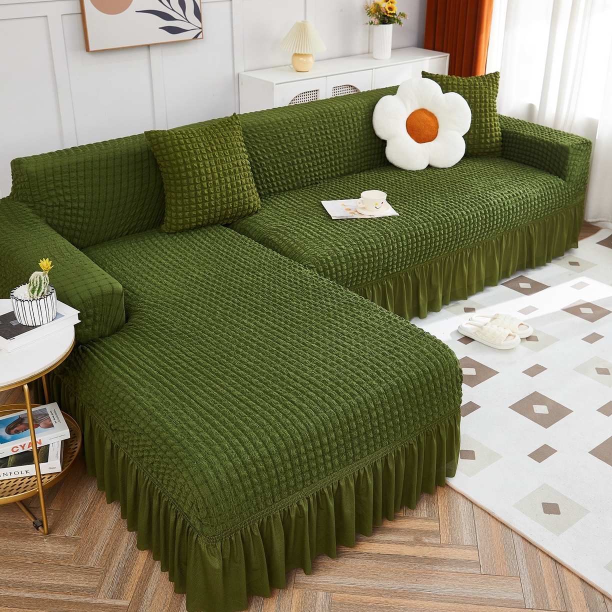 91家纺网 家纺一手货源 找家纺 布兰鸟【沙发套】 2025新款泡泡沙发套组合L型【英文裙摆款】 豆沙绿