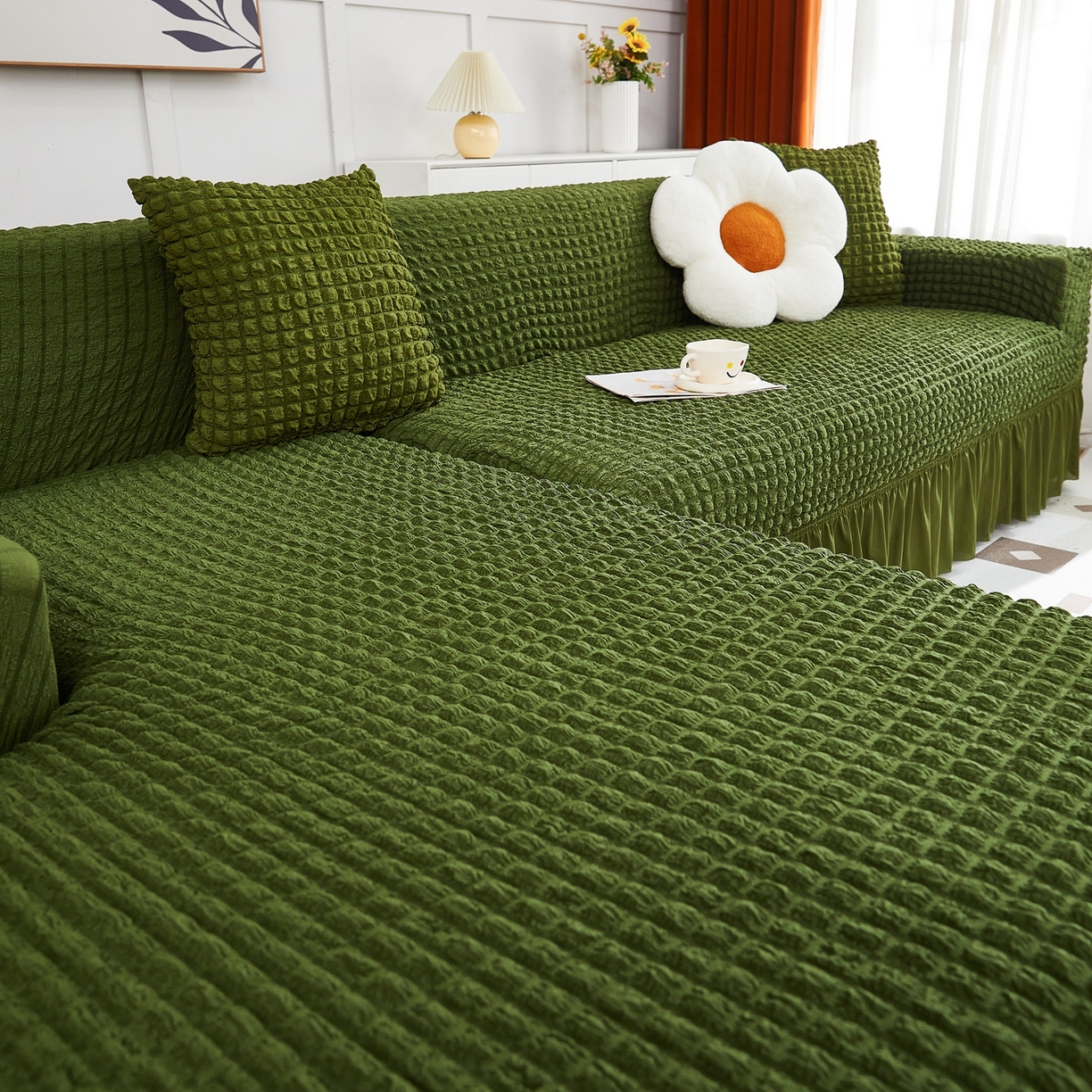 91家纺网 家纺一手货源 找家纺 布兰鸟【沙发套】 2025新款泡泡沙发套组合L型【英文裙摆款】 豆沙绿