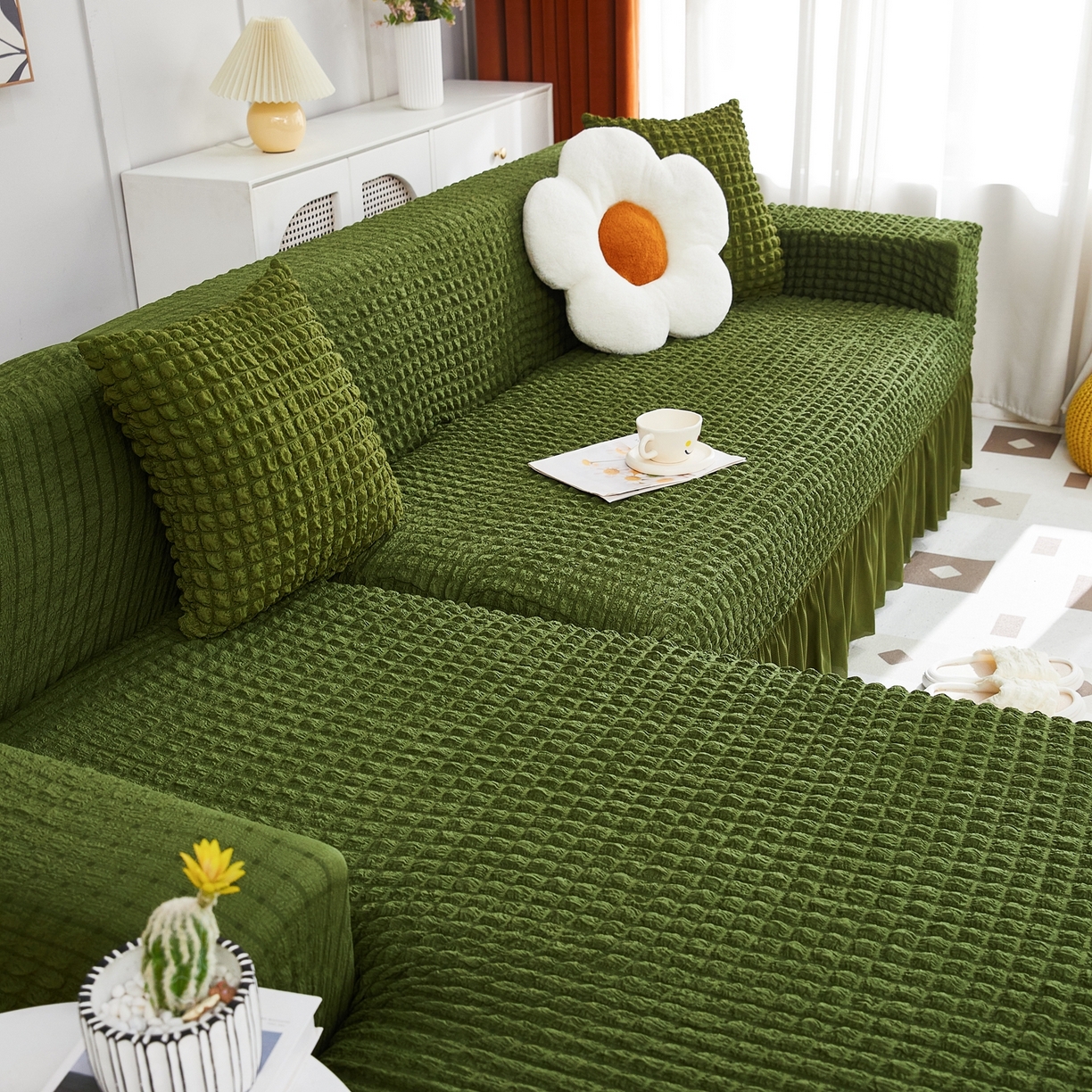 91家纺网 家纺一手货源 找家纺 布兰鸟【沙发套】 2025新款泡泡沙发套组合L型【英文裙摆款】 豆沙绿