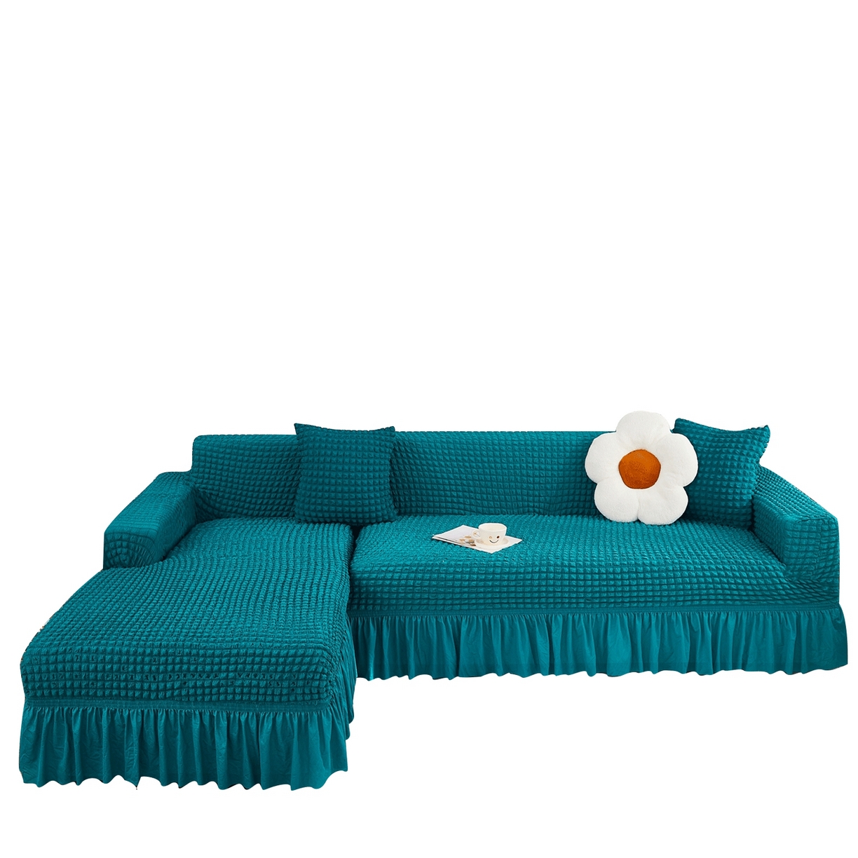 布兰鸟【沙发套】 2025新款泡泡沙发套组合L型【英文裙摆款】 孔雀蓝