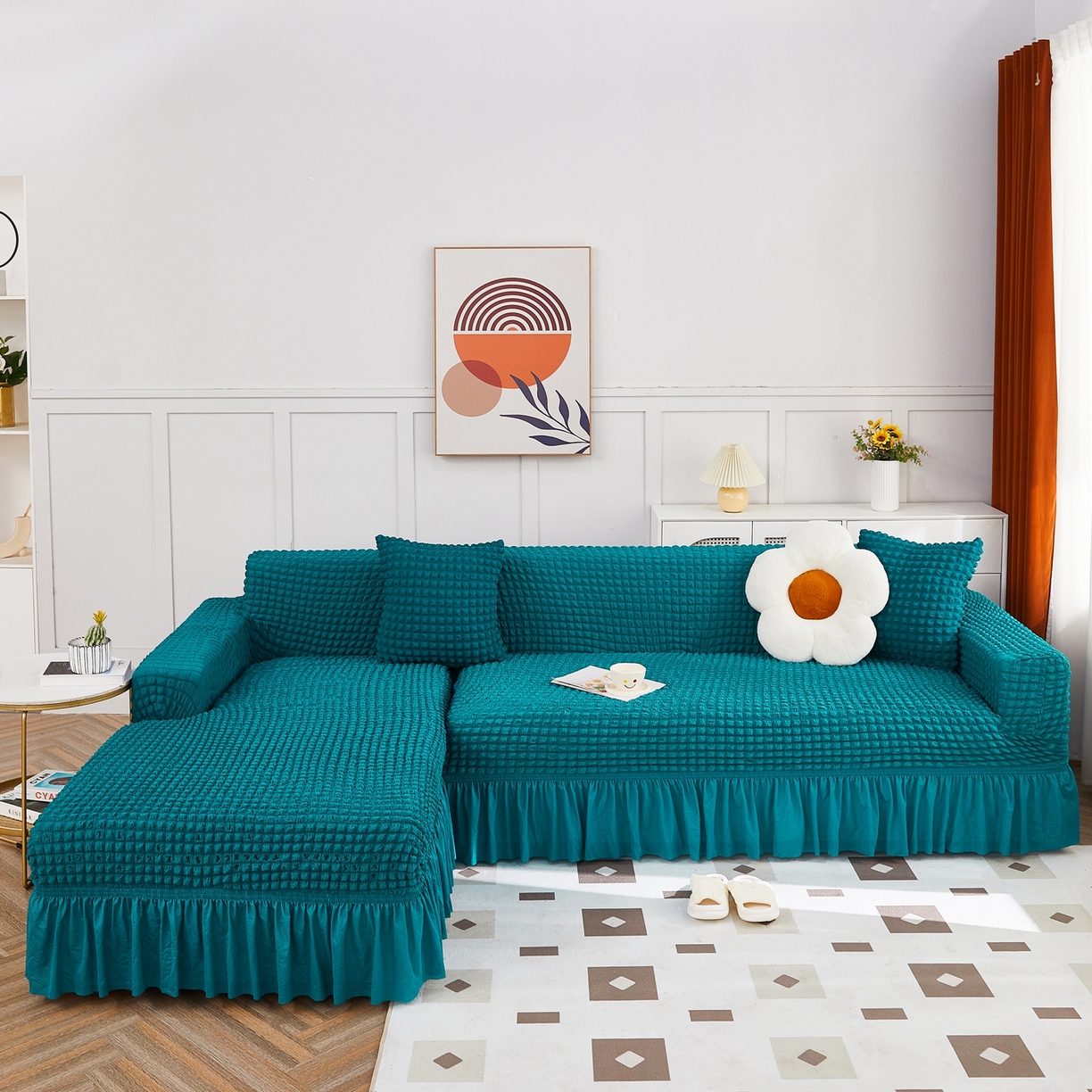 91家纺网 家纺一手货源 找家纺 布兰鸟【沙发套】 2025新款泡泡沙发套组合L型【英文裙摆款】 孔雀蓝