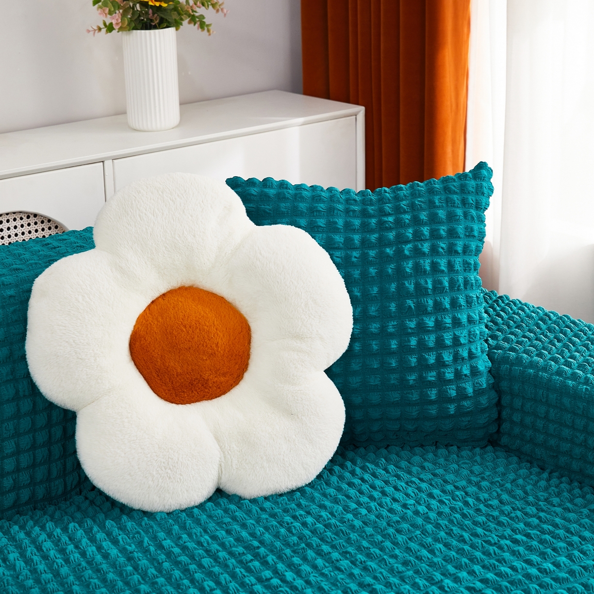 91家纺网 家纺一手货源 找家纺 布兰鸟【沙发套】 2025新款泡泡沙发套组合L型【英文裙摆款】 孔雀蓝