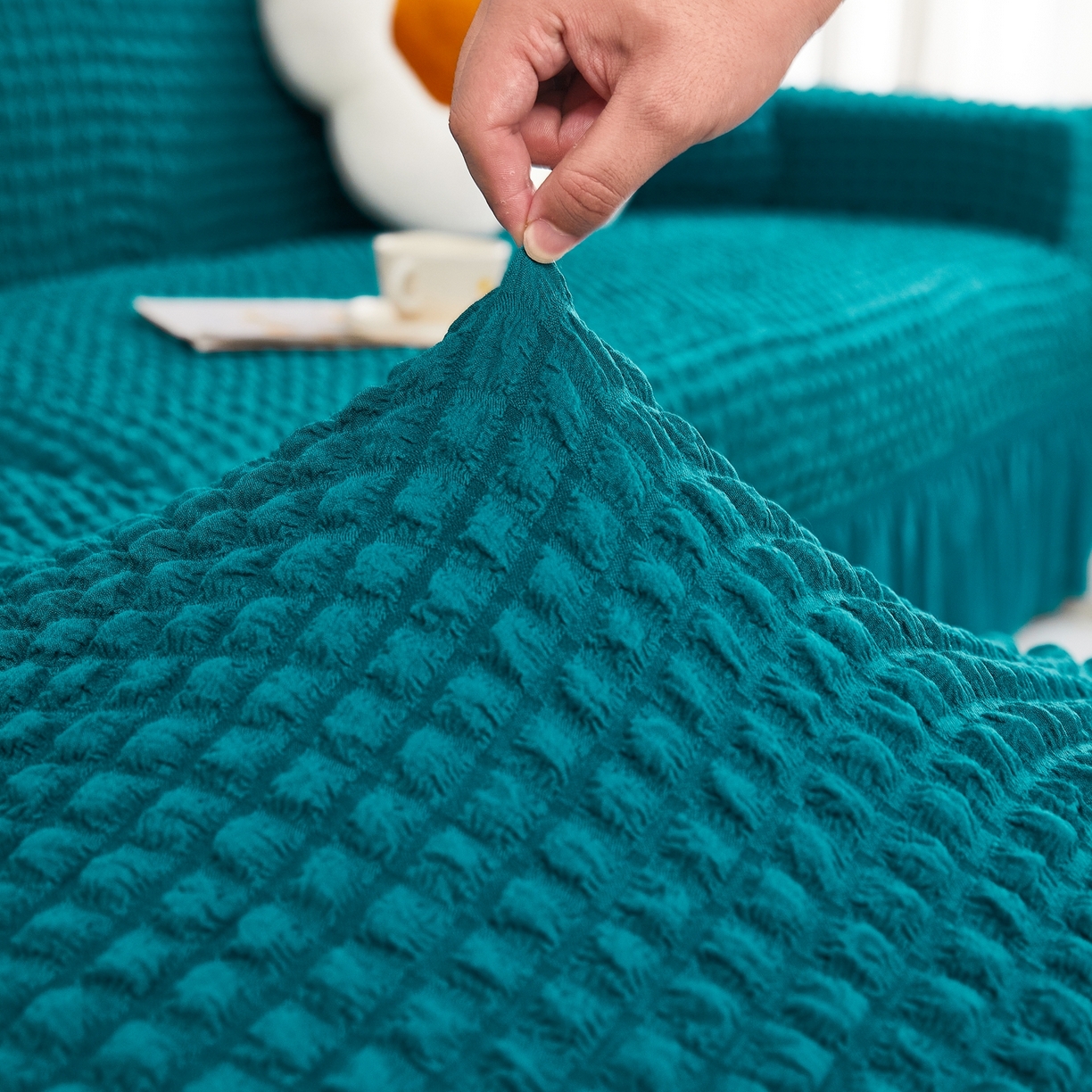 91家纺网 家纺一手货源 找家纺 布兰鸟【沙发套】 2025新款泡泡沙发套组合L型【英文裙摆款】 孔雀蓝