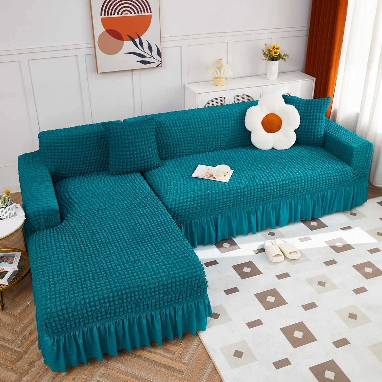 91家纺网 家纺一手货源 找家纺 布兰鸟【沙发套】 2025新款泡泡沙发套组合L型【英文裙摆款】 孔雀蓝