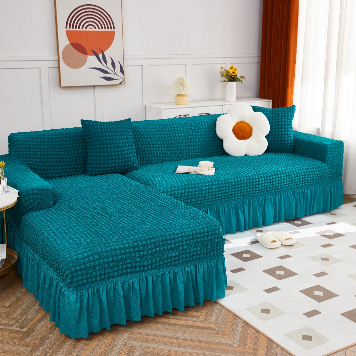 91家纺网 家纺一手货源 找家纺 布兰鸟【沙发套】 2025新款泡泡沙发套组合L型【英文裙摆款】 孔雀蓝