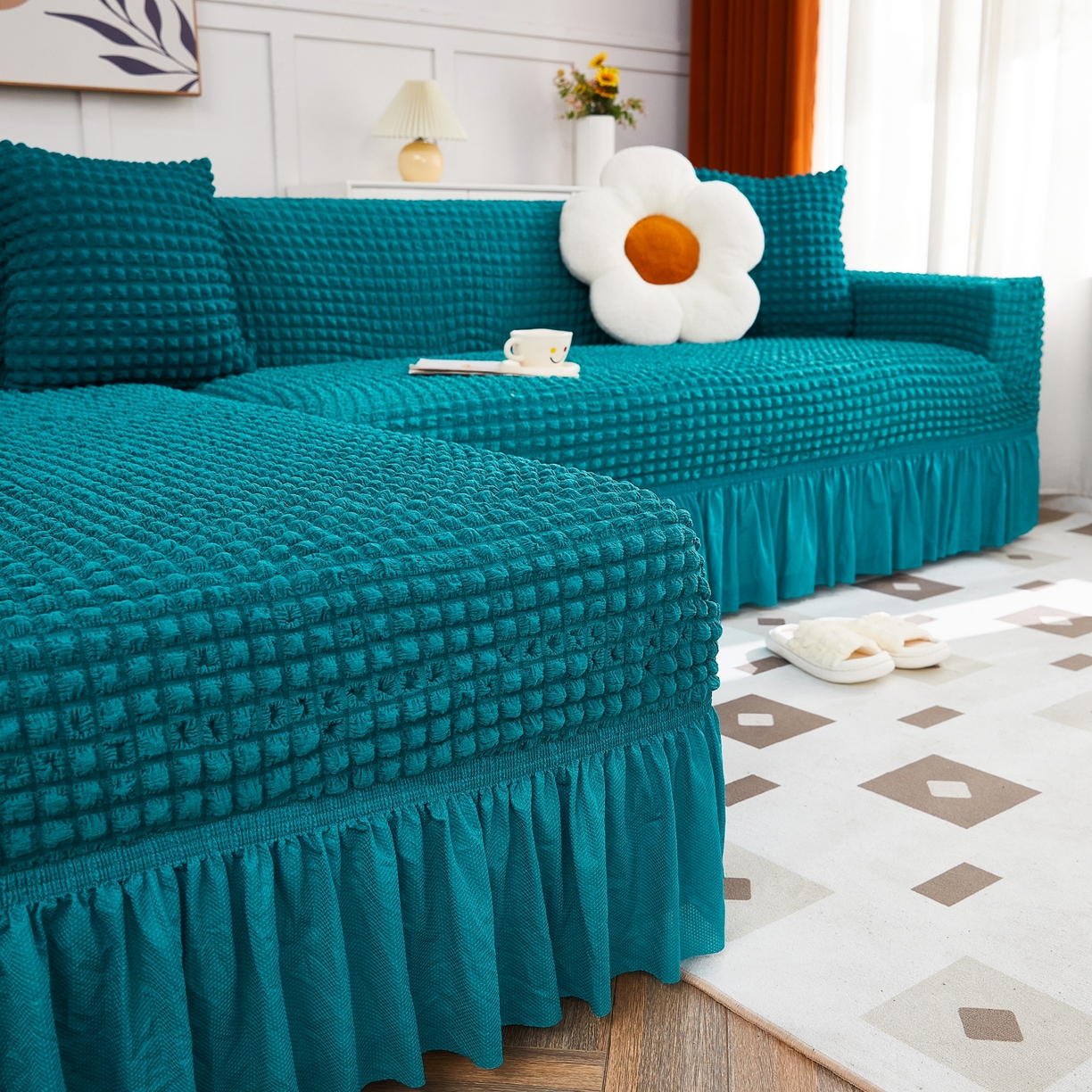 91家纺网 家纺一手货源 找家纺 布兰鸟【沙发套】 2025新款泡泡沙发套组合L型【英文裙摆款】 孔雀蓝