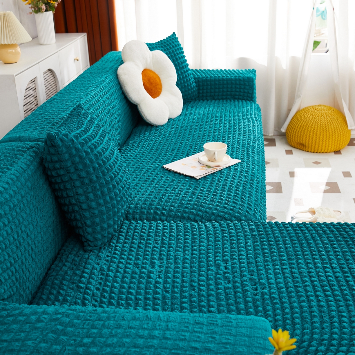 91家纺网 家纺一手货源 找家纺 布兰鸟【沙发套】 2025新款泡泡沙发套组合L型【英文裙摆款】 孔雀蓝