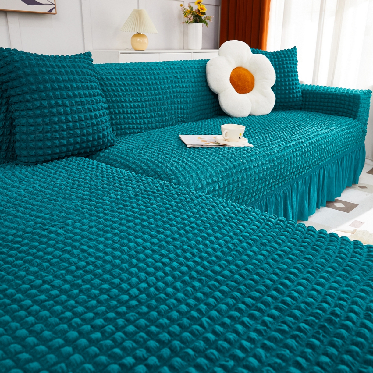 91家纺网 家纺一手货源 找家纺 布兰鸟【沙发套】 2025新款泡泡沙发套组合L型【英文裙摆款】 孔雀蓝