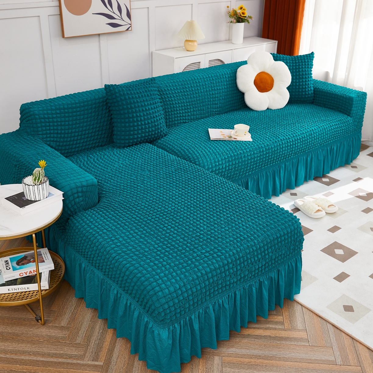 91家纺网 家纺一手货源 找家纺 布兰鸟【沙发套】 2025新款泡泡沙发套组合L型【英文裙摆款】 孔雀蓝