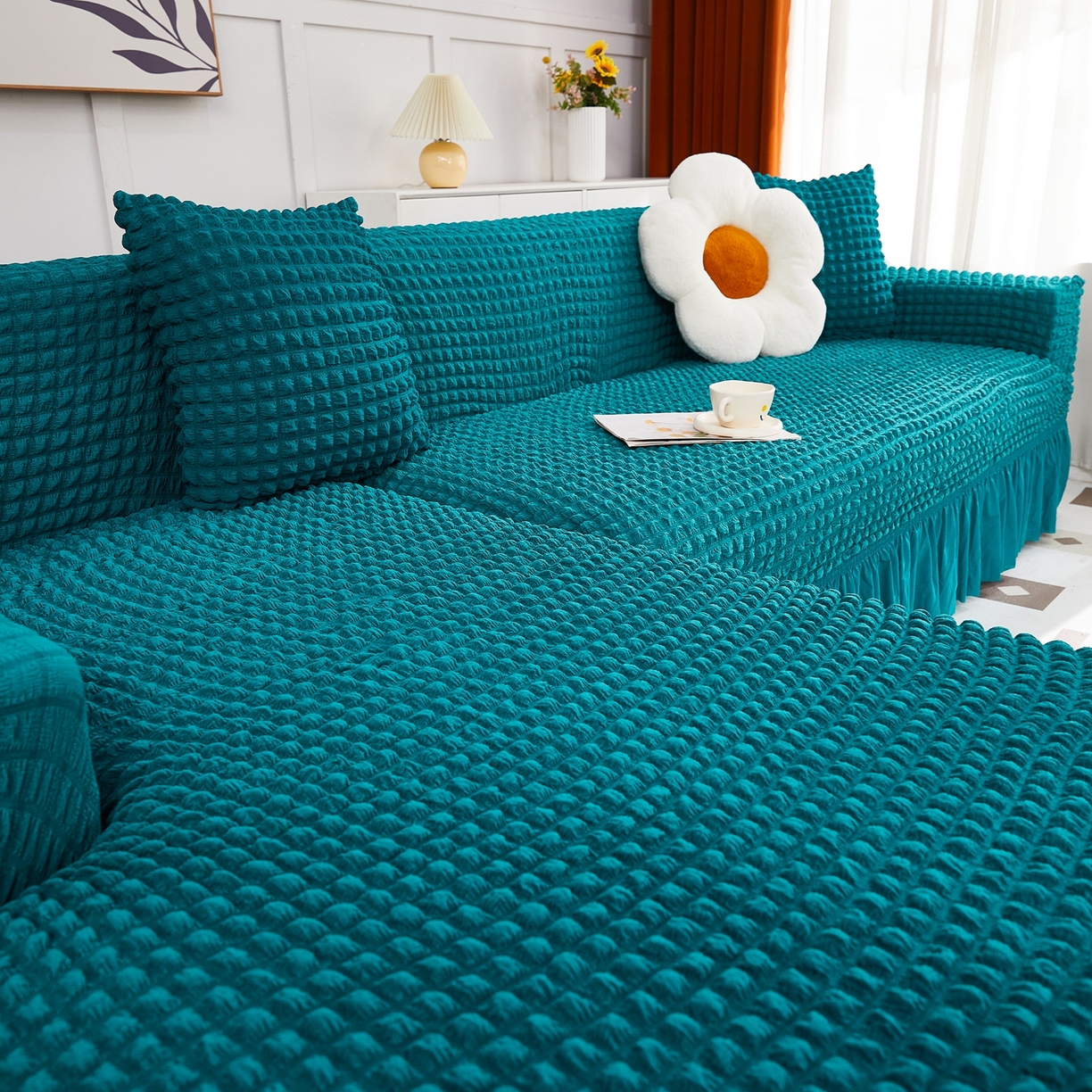 91家纺网 家纺一手货源 找家纺 布兰鸟【沙发套】 2025新款泡泡沙发套组合L型【英文裙摆款】 孔雀蓝